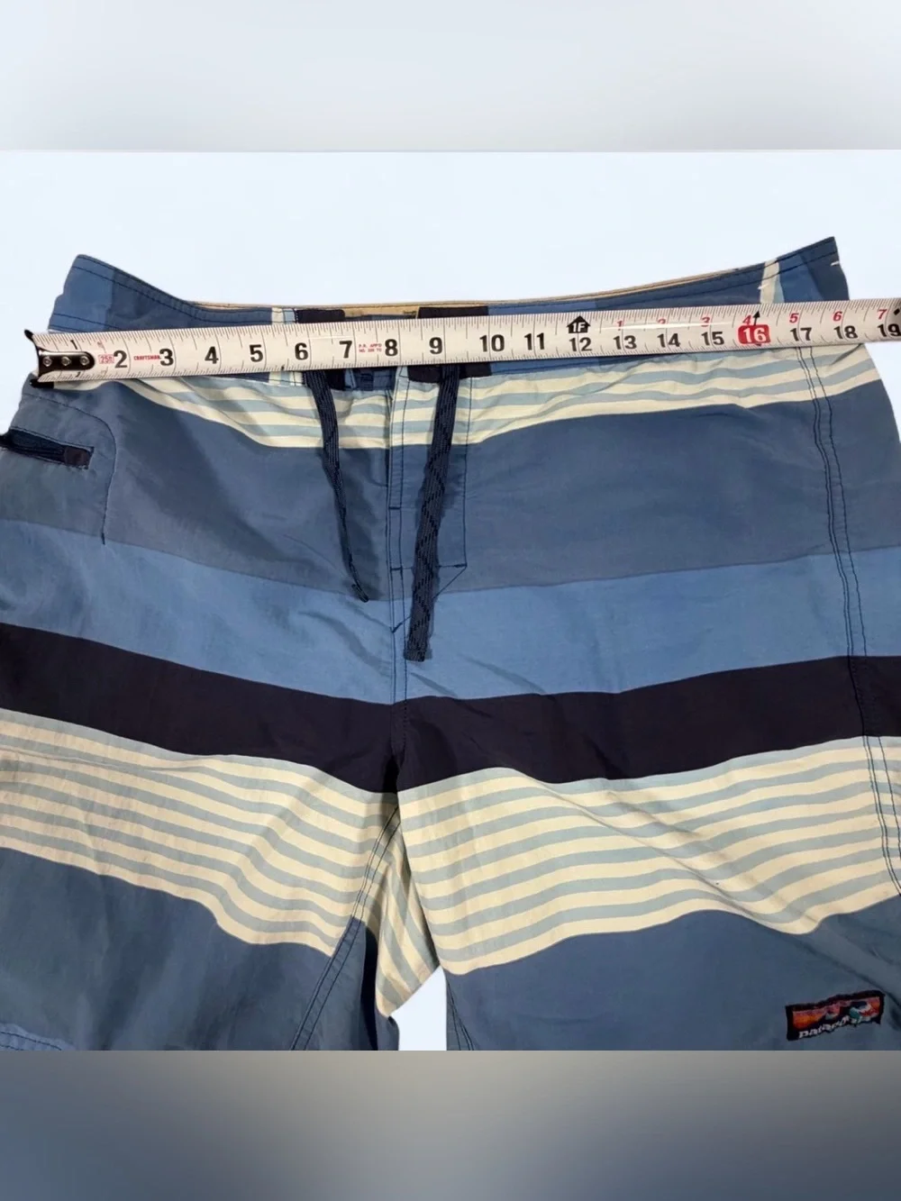 Patagonia Men’s Navy and Cream Striped Board Shorts size 36